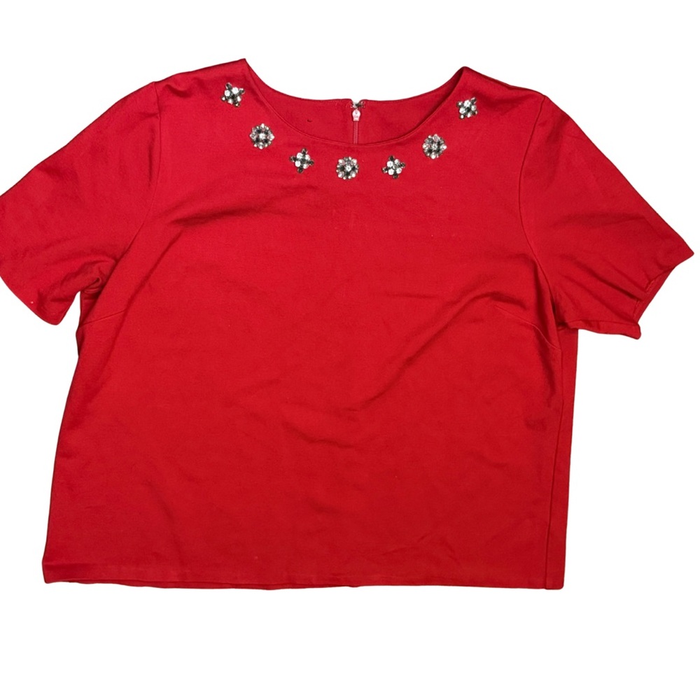 Red Embellished Neckline Holiday shirt